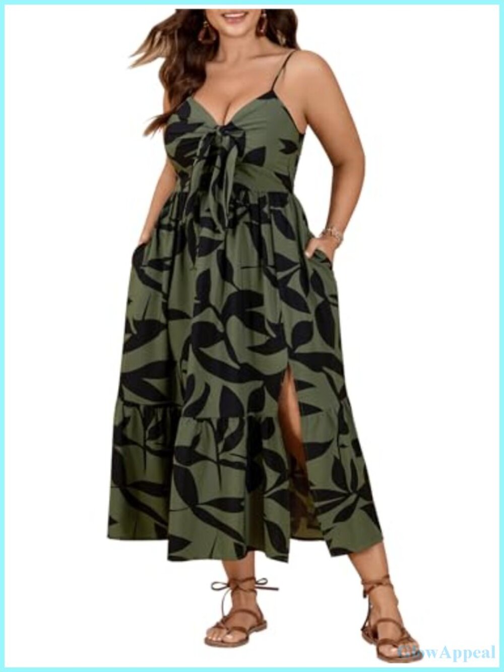 Plus Size Maxi Sun Dress Tie Front V-Neck Smocked Back Spaghetti Strap